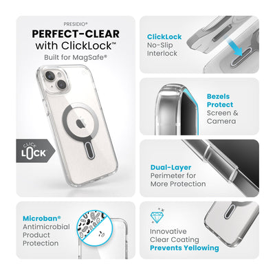 Summary of all product features such as MagSafe compatibility, ClickLock no-slip interlock, dual-layer protection, Microban antimicrobial product protection, raised bezels to protect screen and camera, and anti-yellowing clear coating.#color_clear-chrome