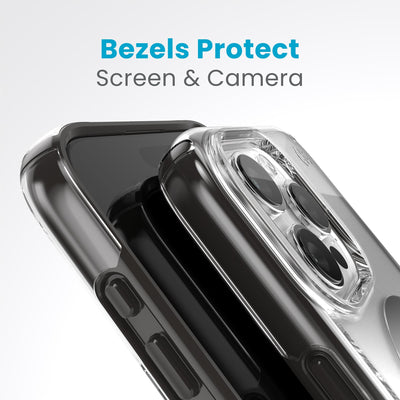 A case with phone inside with camera facing up is lying on top of a case with phone inside with screen facing up. Both are at a sharp angle clearly showing case's raised bezels around screen and camera. Text reads bezels protect screen and camera.#color_clear-black