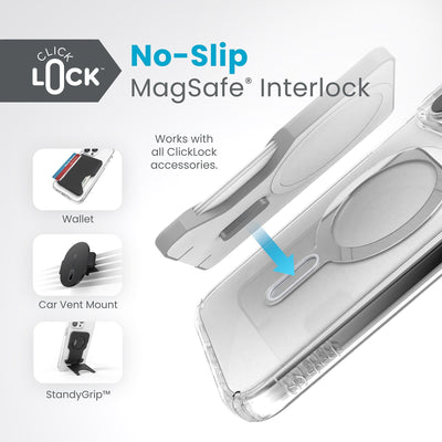 A ClickLock Wallet hovers above a ClickLock case with interlock bolt extended and arrow pointing to bolt receptacle on case. Text in image reads ClickLock No-Slip MagSafe Interlock. Works with all ClickLock accessories - Wallet, Car Vent Mount, and StandyGrip.#color_clear-chrome