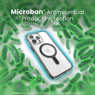 A case with phone inside is surrounded by bacteria. A blue halo around the phone keeps the bacteria away. Text reads Microban antimicrobial product protection. Microban technology does not protect users or other items against disease pathogens.#color_clear-black