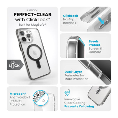 Summary of all product features such as MagSafe compatibility, ClickLock no-slip interlock, dual-layer protection, Microban antimicrobial product protection, raised bezels to protect screen and camera, and anti-yellowing clear coating.#color_clear-black