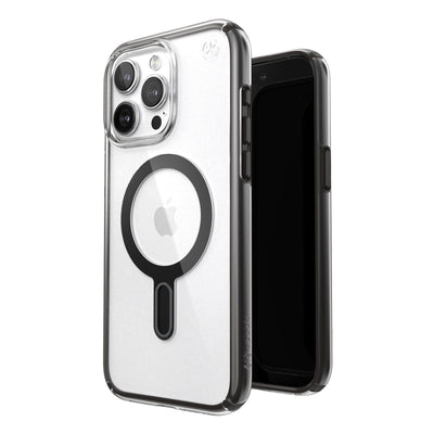 Three-quarter view of back of phone case simultaneously shown with three-quarter front view of phone case.#color_clear-black