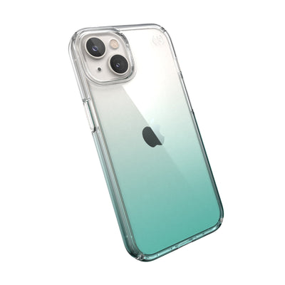 Tilted three-quarter angled view of back of phone case#color_clear-fantasy-teal-fade