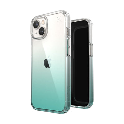 Three-quarter view of back of phone case simultaneously shown with three-quarter front view of phone case#color_clear-fantasy-teal-fade