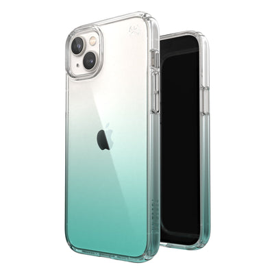 Three-quarter view of back of phone case simultaneously shown with three-quarter front view of phone case#color_clear-fantasy-teal-fade