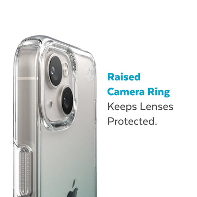 Slightly tilted view of side of phone case showing phone cameras - Raised camera ring keeps lenses protected.#color_clear-fantasy-teal-fade