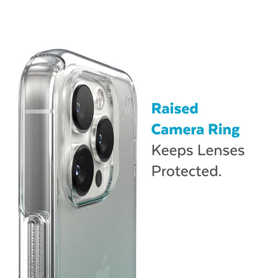 Slightly tilted view of side of phone case showing phone cameras - Raised camera ring keeps lenses protected.#color_clear-fantasy-teal-fade