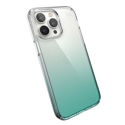 Tilted three-quarter angled view of back of phone case#color_clear-fantasy-teal-fade