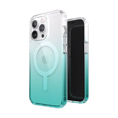 Three-quarter view of back of phone case simultaneously shown with three-quarter front view of phone case.#color_clear-fantasy-teal-fade