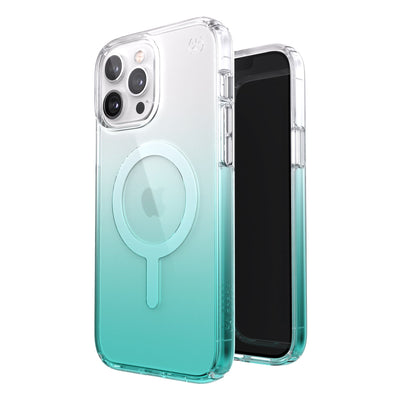 Three-quarter view of back of phone case simultaneously shown with three-quarter front view of phone case.#color_clear-fantasy-teal-fade