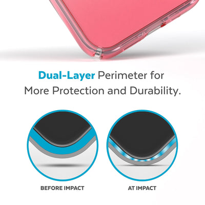 View of corner of phone case impacting ground with illustrations showing before and after impact - Dual layer perimeter for more protection and durability.#color_clear-vintage-rose-fade