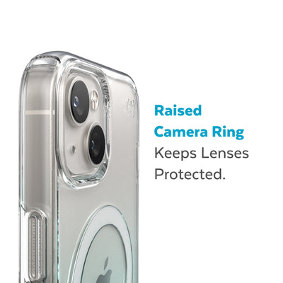 Slightly tilted view of side of phone case showing phone cameras - Raised camera ring keeps lenses protected.#color_clear-fantasy-teal-fade