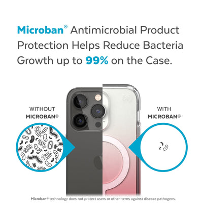 Back view, half without case, other with case, less germs on case - Microban antimicrobial product protection helps reduce bacteria growth up to 99% on the case.#color_clear-vintage-rose-fade