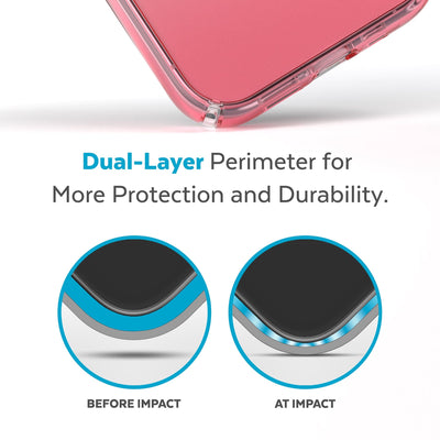 View of corner of phone case impacting ground with illustrations showing before and after impact - Dual layer perimeter for more protection and durability.#color_clear-vintage-rose-fade