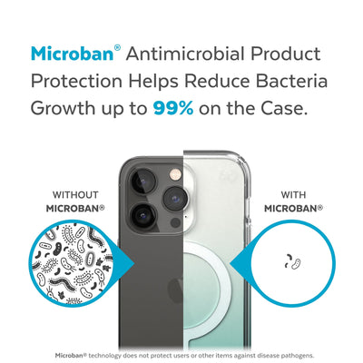 Back view, half without case, other with case, less germs on case - Microban antimicrobial product protection helps reduce bacteria growth up to 99% on the case.#color_clear-fantasy-teal-fade