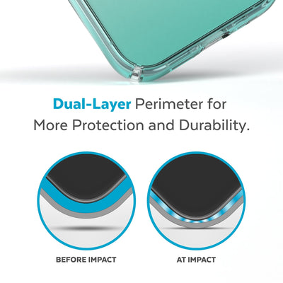 View of corner of phone case impacting ground with illustrations showing before and after impact - Dual layer perimeter for more protection and durability.#color_clear-fantasy-teal-fade