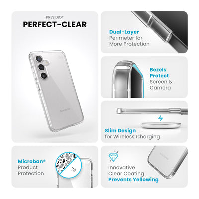 Summary of product features such as wireless charging compatibility, dual-layer protection, antimicrobial protection, raised bezels, and anti-yellowing coating#color_clear