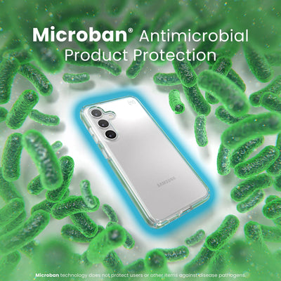 A case is surrounded by bacteria. A halo around the phone keeps the bacteria away. Text reads Microban antimicrobial product protection#color_clear