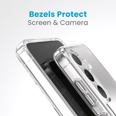 A case with camera facing up is on a case with screen facing up. Raised bezels around screen and camera are clearly visible. Text reads bezels protect screen and camera#color_clear