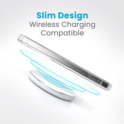 A phone is charging over a wireless charger. Text reads slim design, wireless charging compatible#color_clear