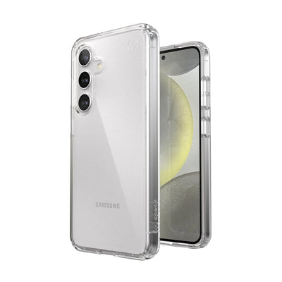 Three-quarter view of back of phone case simultaneously shown with three-quarter front view of phone case#color_clear