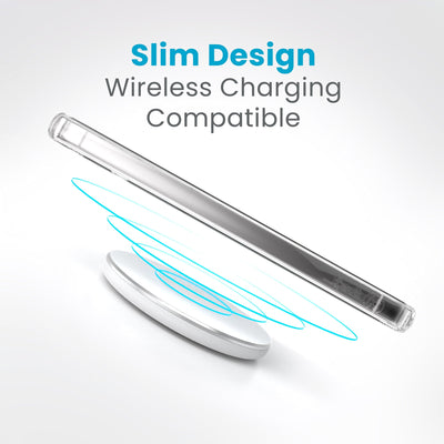 A phone is charging over a wireless charger. Text reads slim design, wireless charging compatible#color_clear