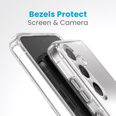 A case with camera facing up is on a case with screen facing up. Raised bezels around screen and camera are clearly visible. Text reads bezels protect screen and camera#color_clear