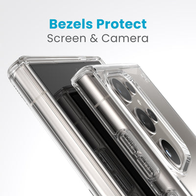 A case with camera facing up is on a case with screen facing up. Raised bezels around screen and camera are clearly visible. Text reads bezels protect screen and camera#color_clear