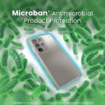 A case is surrounded by bacteria. A halo around the phone keeps the bacteria away. Text reads Microban antimicrobial product protection#color_clear