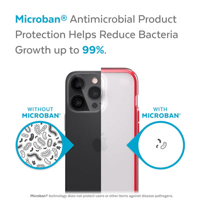 Back view, half without case, other with case, less germs on case - Microban antimicrobial product protection helps reduce bacteria growth up to 99%.#color_clear-unreal-red