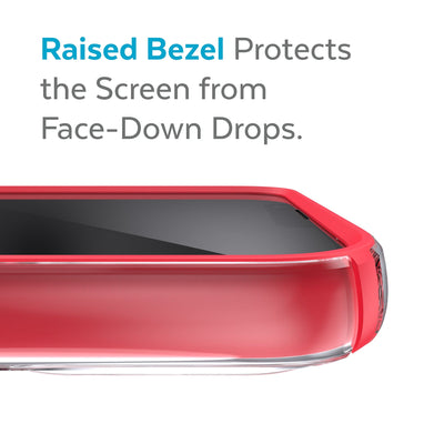 View of top of phone case laying on its back - Raised bezel protects the screen from face-down drops.#color_clear-unreal-red