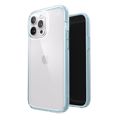 Three-quarter view of back of phone case simultaneously shown with three-quarter front view of phone case.#color_clear-fountain-teal