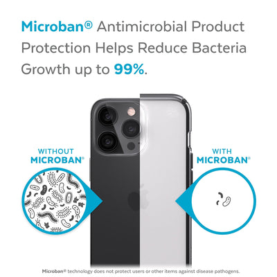 Back view, half without case, other with case, less germs on case - Microban antimicrobial product protection helps reduce bacteria growth up to 99%.#color_clear-black