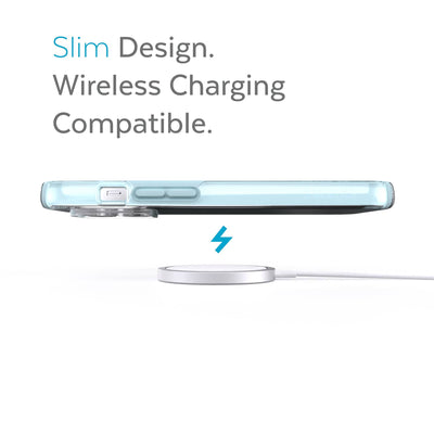 Side view of phone case over wireless charger - Slim design. Wireless charging compatible.#color_clear-fountain-teal