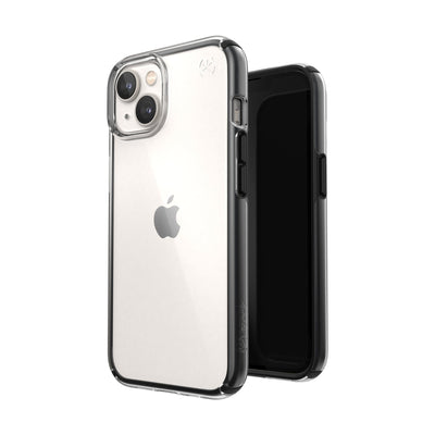 Three-quarter view of back of phone case simultaneously shown with three-quarter front view of phone case#color_clear-black