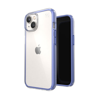 Three-quarter view of back of phone case simultaneously shown with three-quarter front view of phone case#color_clear-grounded-purple