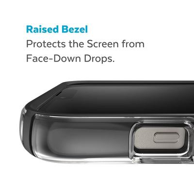 View of top of phone case laying on its back - Raised bezel protects the screen from face-down drops.#color_clear-black