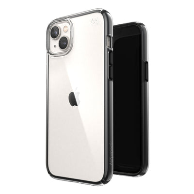 Three-quarter view of back of phone case simultaneously shown with three-quarter front view of phone case#color_clear-black