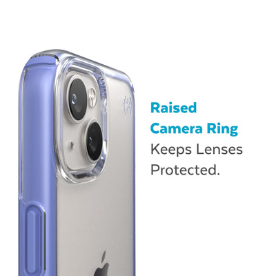 Slightly tilted view of side of phone case showing phone cameras - Raised camera ring keeps lenses protected.#color_clear-grounded-purple