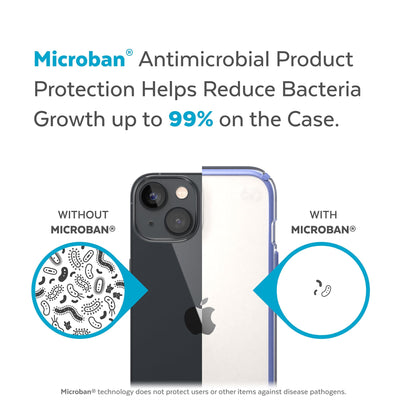 Back view, half without case, other with case, less germs on case - Microban antimicrobial product protection helps reduce bacteria growth up to 99% on the case.#color_clear-grounded-purple