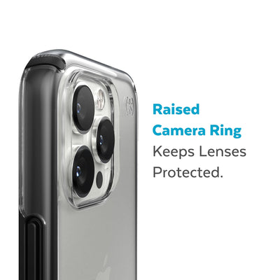 Slightly tilted view of side of phone case showing phone cameras - Raised camera ring keeps lenses protected.#color_clear-black