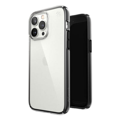 Three-quarter view of back of phone case simultaneously shown with three-quarter front view of phone case#color_clear-black