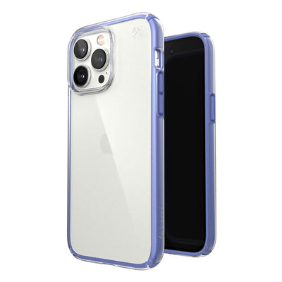 Three-quarter view of back of phone case simultaneously shown with three-quarter front view of phone case#color_clear-grounded-purple