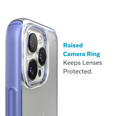 Slightly tilted view of side of phone case showing phone cameras - Raised camera ring keeps lenses protected.#color_clear-grounded-purple