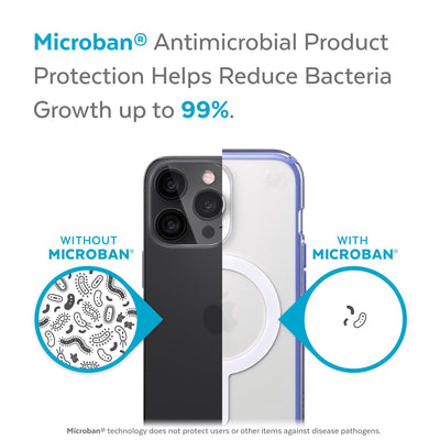 Back view, half without case, other with case, less germs on case - Microban antimicrobial product protection helps reduce bacteria growth up to 99%.#color_clear-grounded-purple