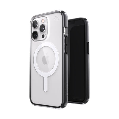 Three-quarter view of back of phone case simultaneously shown with three-quarter front view of phone case.#color_clear-black