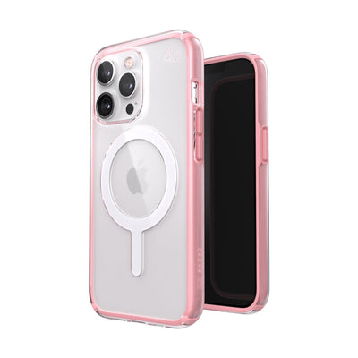 Three-quarter view of back of phone case simultaneously shown with three-quarter front view of phone case.#color_clear-rosy-pink