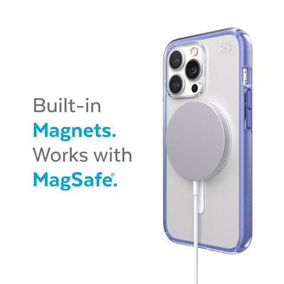 Three-quarter view of back of phone case with MagSafe charger attached - Built-in magnets. Works with MagSafe.#color_clear-grounded-purple