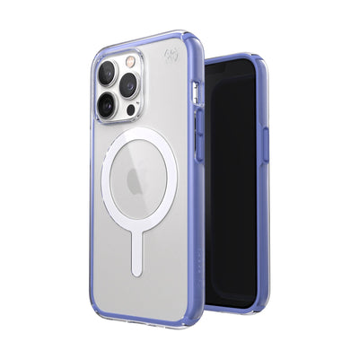 Three-quarter view of back of phone case simultaneously shown with three-quarter front view of phone case.#color_clear-grounded-purple