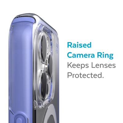 Slightly tilted view of side of phone case showing phone cameras - Raised camera ring keeps lenses protected.#color_clear-grounded-purple